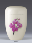 3832, Li, Stahlurne, Cremeweiss, Orchidee, foliert, mit Airbrush hinterlegt. Sarg Import & Export. Urnen Großhandel. Landwehr Sargfabrik GmbH. Nidersachsen, NRW, Deutschland. Airbrush, Folienbeschriftung.