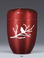 3621, STAHLURNE, DESIGNER, BORDEAUX, AIRBRUSH, NATURAL, ELEMENTS, VOGEL, METALL, STAHLURNE, 3621. Bordeaux rote Stahlurne mit einem Airbrush Motiv: "Vogel auf einem Ast". Landwehr Sargfabrik GmbH. Bestattungszubehör. Bestatterzubehör. Pietätsware.