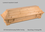 KREMATIONSSARG, SARG, 20, KIEFERNSARG, HONIG, GEBEIZT, LACKIERT, 4, BEWEGLICHE, HOLZGRIFFE, SARG, FÜR, TRAUERFEIER, ABSCHIEDNAHME, SARGHANDEL, SARGFABRIK, BESTATTUNGSZUBEHÖR, LANDWEHR